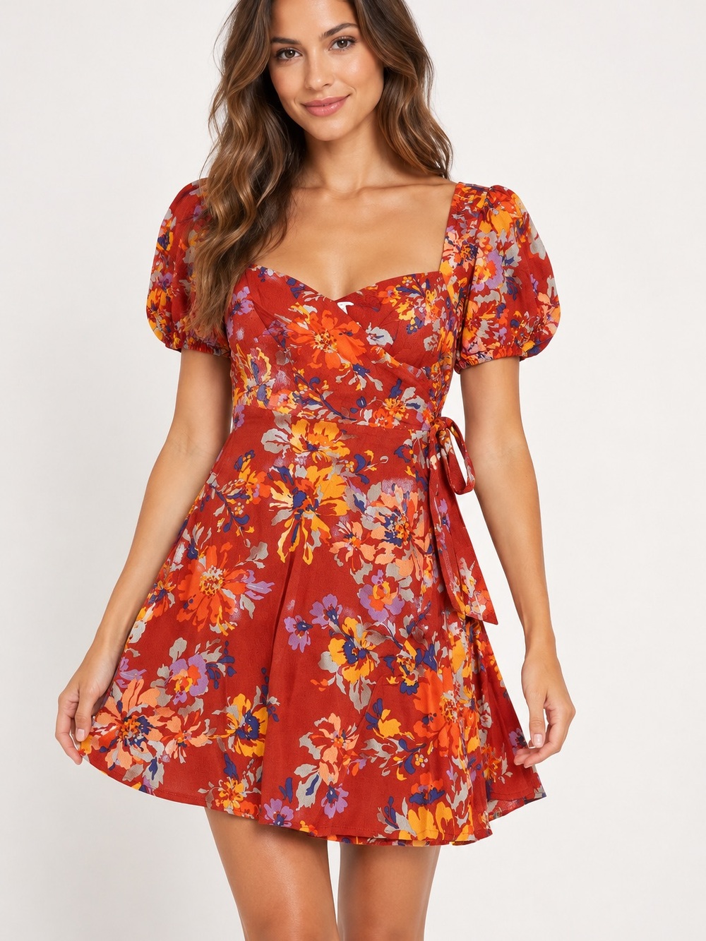 L*SPACE Cambria Floral orange Mini wrap Dress size small Puff Sleeve adjustable